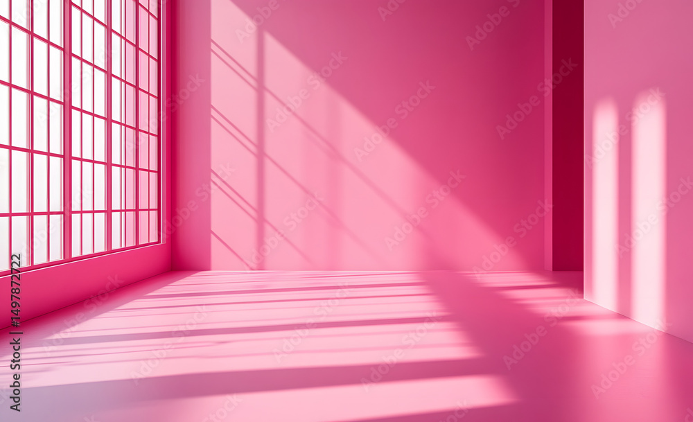 Obraz premium Empty pink colour room studio with sunlight effect shadow on the floor and wall for product presentation. Minimal backdrop design. Cosmetic, beauty and fashion showroom. Summer background mock up.