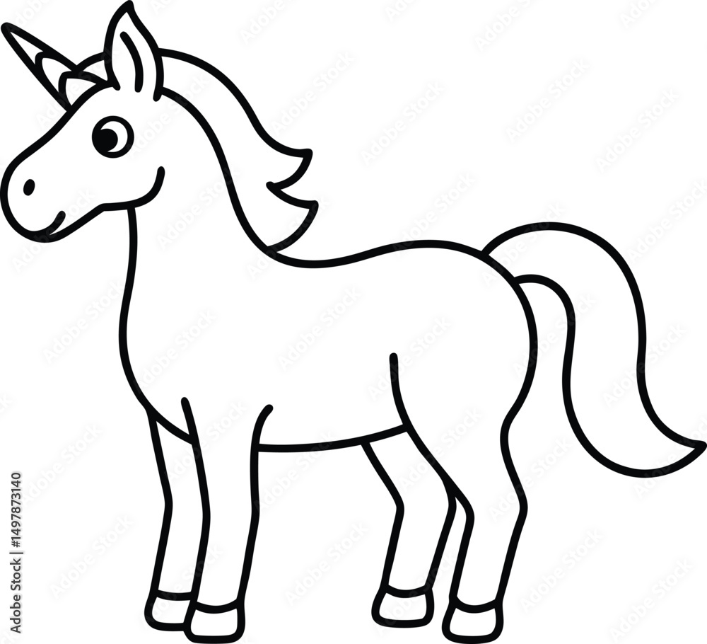 Obraz premium Cute Standing Cartoon Unicorn Line Art for Kids Coloring Page Design