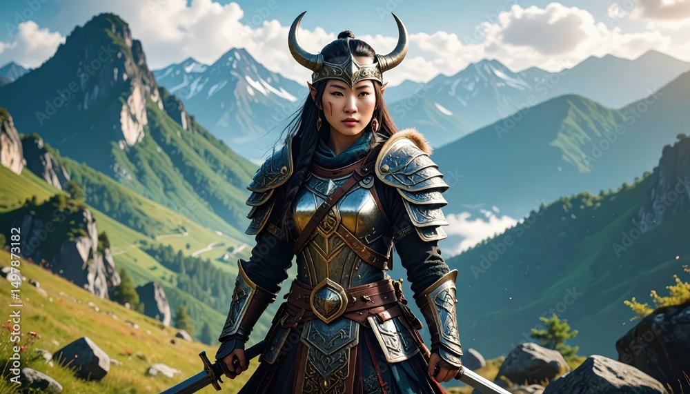 Naklejka premium Dwarven Warrior in Runic Armor Stands Proudly in Mountainous Landscape