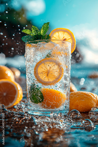 Glass of lemonade on a wooden beachside table, bright sunlight, tropical background blurred, space on table left empty for branding or label mockup