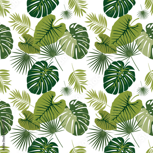 Green summer tropical seamless pattern with green leaves.