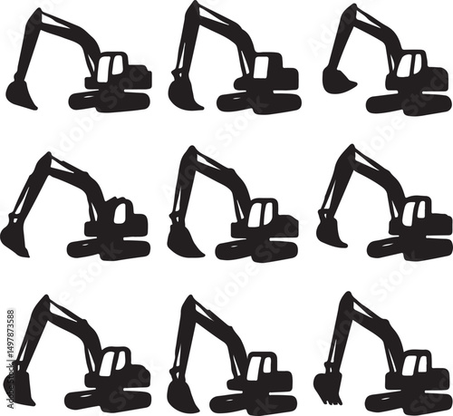 Silhouette of Arm Excavator on White Background – Construction Equipment Vector Illustration

