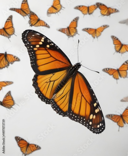 Vibrant monarch butterfly, wings spread wide, pristine white background, monarch,  white