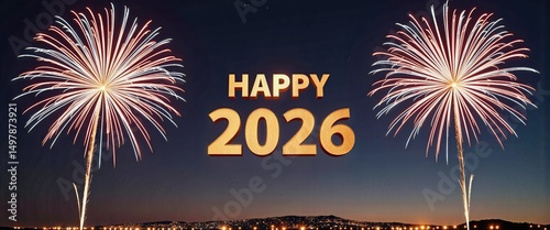 Vibrant New Year 2026 Fireworks Display and Festive Lights. A fireworks display with the words HAPPY 2026 against a dark sky.