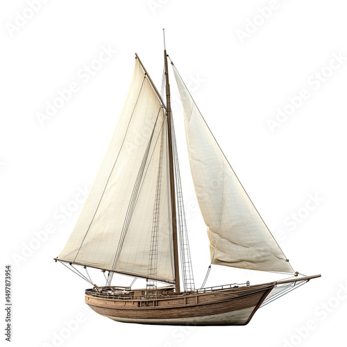 A classic wooden sailboat with white sails, captured against a black background.  The vessel shows detailed craftsmanship photo
