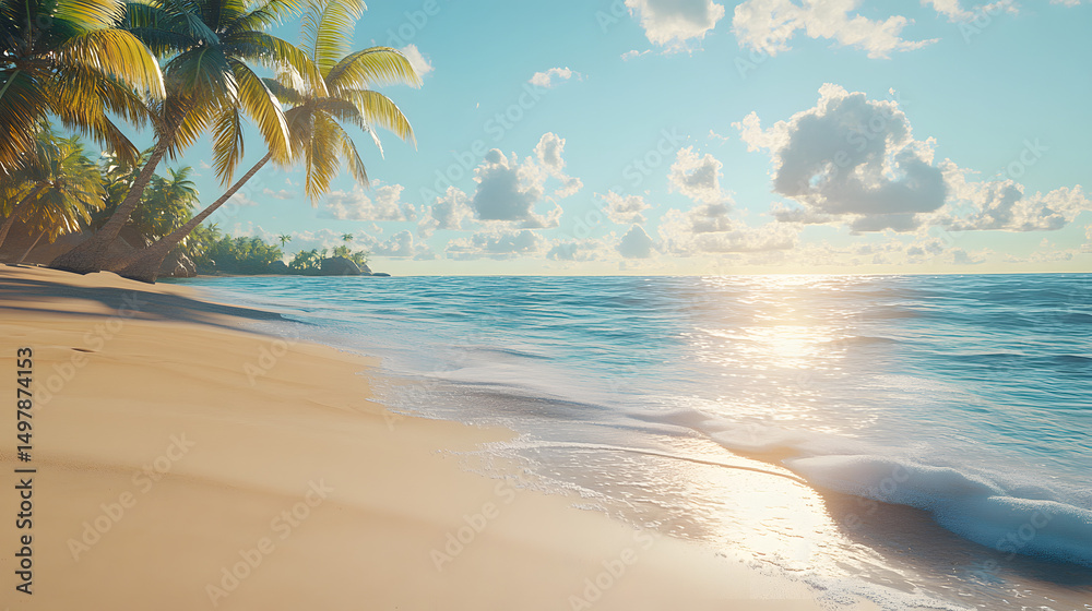 Obraz premium Summer background with frame, nature of tropical golden beach with rays of sun light and leaf palm. Golden sand beach close-up, sea water, blue sky, white clouds. Copy space, summer vacation concept.