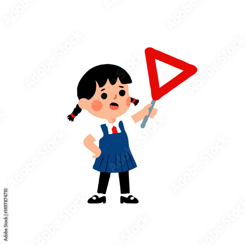 Little School Girl Holding Give Way Traffic Sign Cartoon Vector
