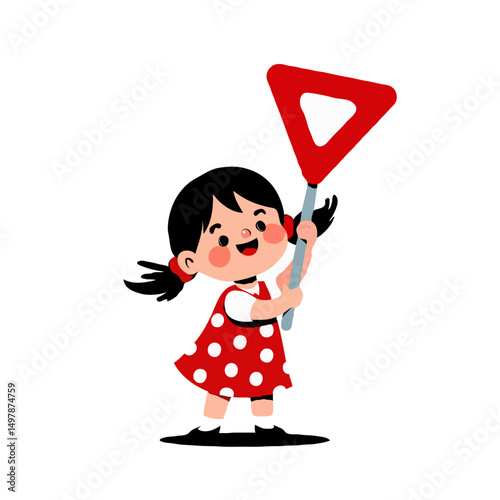 Vector Illustration of Little School Girl Cartoon Character Holding Give Way Road Traffic Sign on White Background