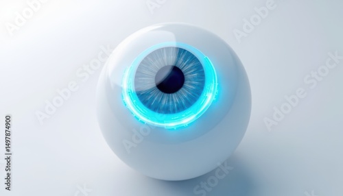 conceptual 3d illustration of an eyeball with an implanted microchip highlighted in blue glow, on white background with generous margin for educational text.