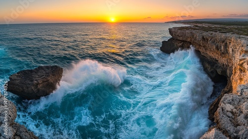 Sunset Ocean Wave Crashing on Rocky Coast, Panoramic Composition, Dramatic Lighting, Seascape Photography Ocean Waves, Coastal Photography