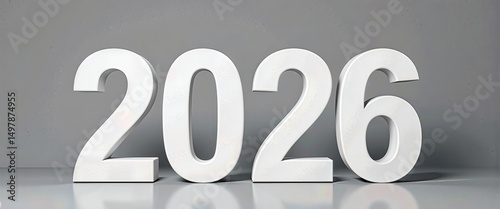 Happy New Year 2026: Sleek White 3D Sign Against Muted Gray Background. A 3D rendering of the number 2026 on a reflective surface.