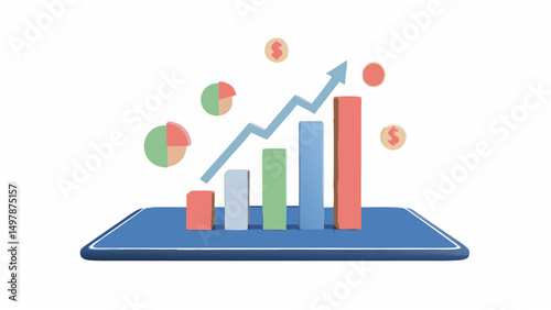 Illustration showing a bar graph with an upward trending arrow on a blue platform with coins and pie charts