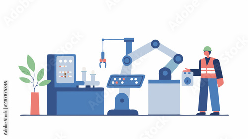 Illustration of a factory worker operating a robotic arm next to machinery and a potted plant