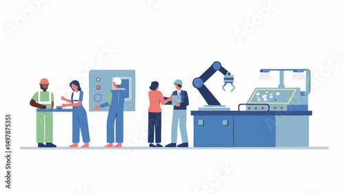 Diverse factory workers collaborating with robotic arm and machinery in a modern industrial setting scene