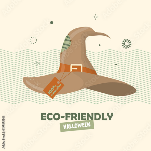 100% Recyclable Witch Hat. Eco-Halloween Concept. witch hat with recyclable tag. Sustainable Halloween decor. Eco-friendly halloween concept. Greeting card. Flat style. Vector illustration
