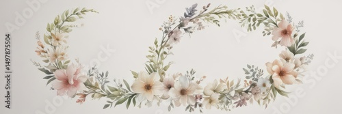 Delicate watercolor floral wreath; petals in soft hues  White background , border, leaves