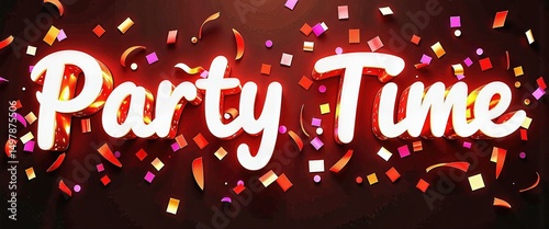Vibrant Party Scene: Celebrate Happy New Year 2026 with Colorful Confetti and Streamers. A party time sign surrounded by confetti on a dark background.