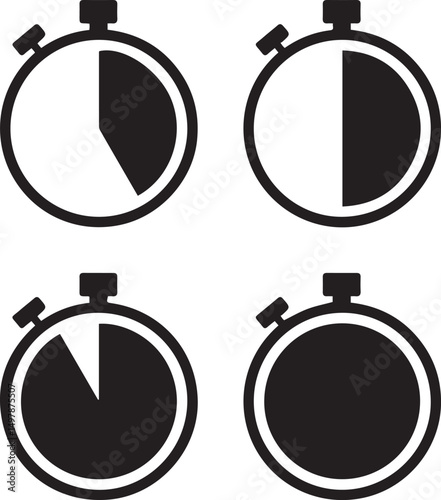 Stopwatch Icons: Set of four distinct stopwatch icons showing different time intervals, ideal for web design, apps, and presentations.