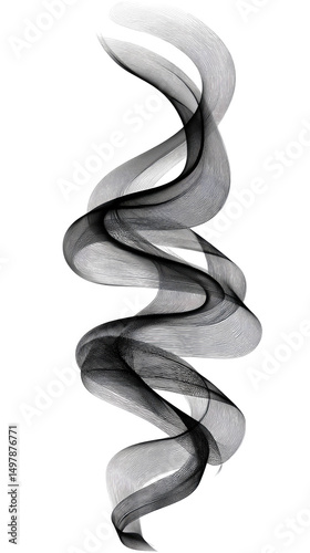 A digitally rendered grayscale image depicting a swirling, vertically oriented plume of smoke, resembling an abstract, organic form with varying shades of gray and subtle textural details