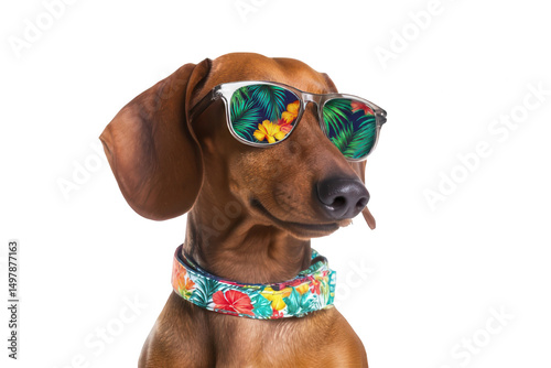 Stylish Dachshund in Tropical Shades and Collar White Background Transparent Background