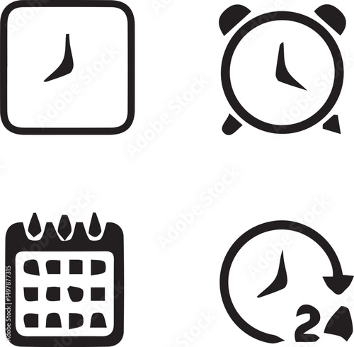 Time and Calendar Icons: Minimalistic vector illustrations of a clock, alarm clock, and calendar represent the concept of time and scheduling, suitable for various applications. 