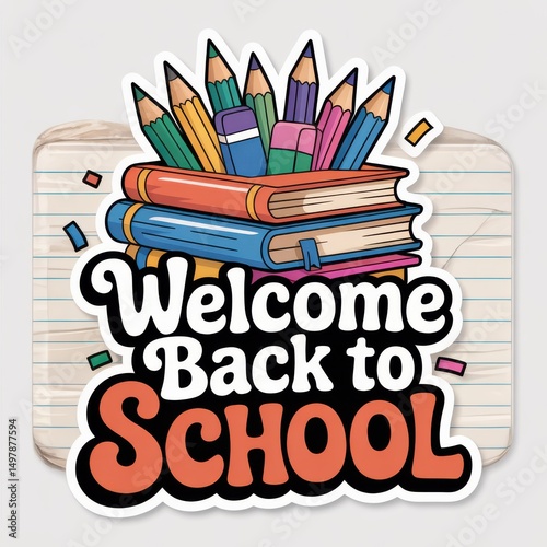Colorful Welcome Back to School Graphic Featuring Books and Pencils on a Notepad Background for Educational Use
