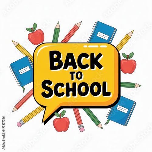 Colorful Back to School Illustration with Pencils, Notebooks, Apples, and Speech Bubble Communicating Educational Excitement for Children and Parents