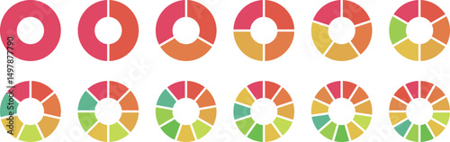 Pie charts diagram set. Circle pie charts 1,2,3,4,5,6,7,8,9,10,11,12 sections. Wheel round segment infographic part.  Circle section graph. Pie charts diagrams. 