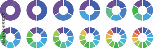 Pie charts diagram set. Circle pie charts 1,2,3,4,5,6,7,8,9,10,11,12 sections. Wheel round segment infographic part.  Circle section graph. Pie charts diagrams. 
