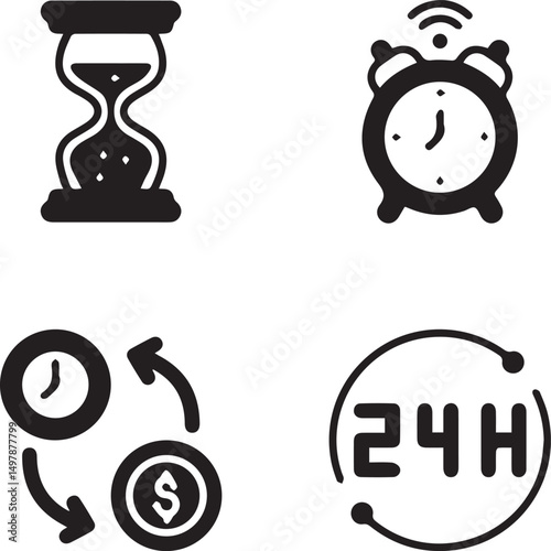 Time's Essence: A striking illustration of the concept of time, depicting an hourglass, alarm clock, and a clock intertwined with a dollar coin, representing the value of time.