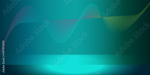 Dark blue green neon gradient background studio. Empty panoramic room with podium or stage. Night tone walls and floor with spotlights for product presentation. 3D scene design.