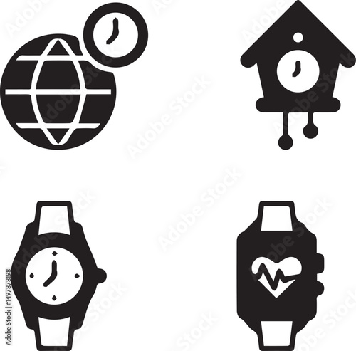 Time and World: A collection of graphic elements representing time and the world. Showing a cuckoo clock, a wristwatch, a smartwatch and time zones. The perfect illustration for designs around time.