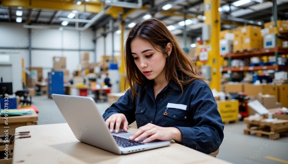 Fototapeta premium A woman is typing on a laptop in a warehouse