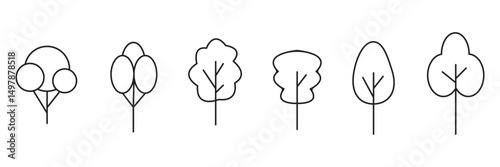 Tree icons set. Linear style. Plant line icons. Outline Signs of Forest, Wood, Trees for Adverts. Suitable for books, stores, shops.  