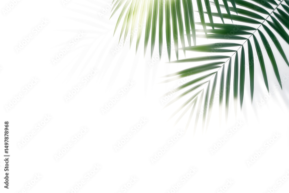 Fototapeta premium Palm leaves leaf shadow on white background. Natural palm branch shadow on transparent background. Tropical palm leaves shadow overlay effect. PNG file, ideal for summer spring design elements
