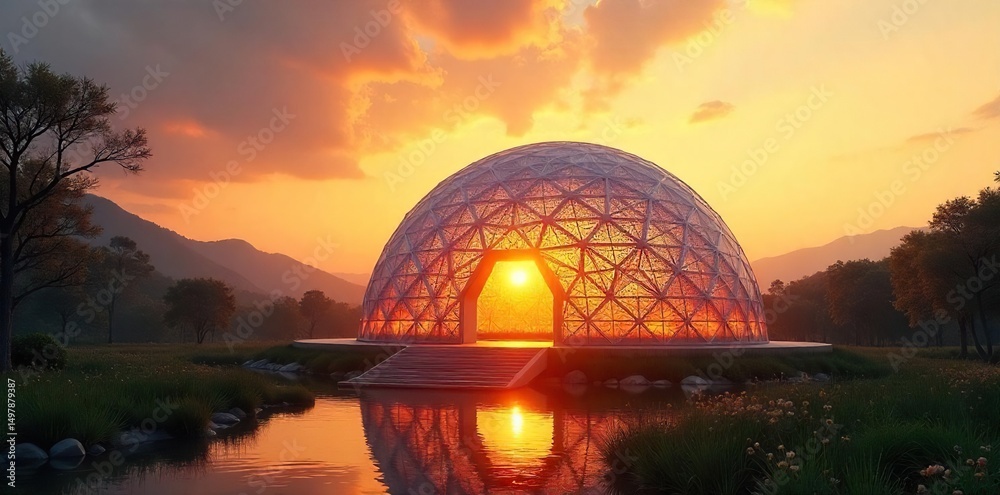 Fototapeta premium A majestic geodesic dome bathed in sunrise, symbolizing spiritual awakening and connection to nature Perfect for meditation, yoga, or wellness themes , clouds, eco-friendly