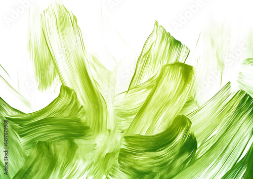 Abstract green watercolor background, brush strokes in light and dark shades of lime green, white background, texture for design
