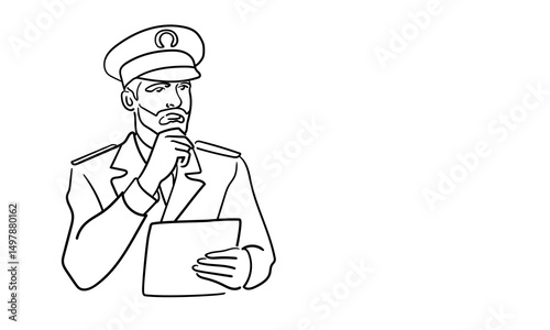 Ship captain in uniform, continious line drawing. Cruise liner, seafarer line art. Vector illustration