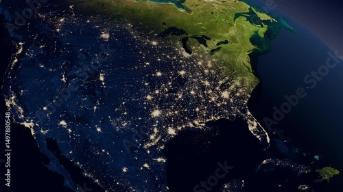 Space earth technology. America in the night and day in planet earth from outer space 3d modeling animation. 3d render