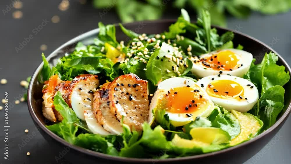 Fresh green salad featuring grilled chicken breast, sliced creamy avocado, and protein rich boiled eggs, garnished with nutty black sesame seeds showcasing nutritious keto friendly meal composition