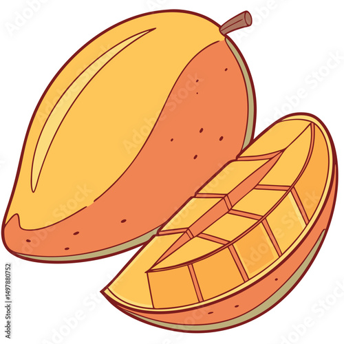 Fresh mango fruit sliced open displaying juicy orange flesh  