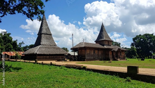 Traditional Kongo Shrine Architecture Surrounded by Lush Landscape