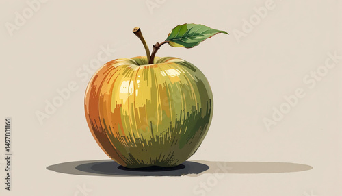Freshly Picked Green Apple on Soft Background with Detailed Illustrative Texture and Natural Leaf