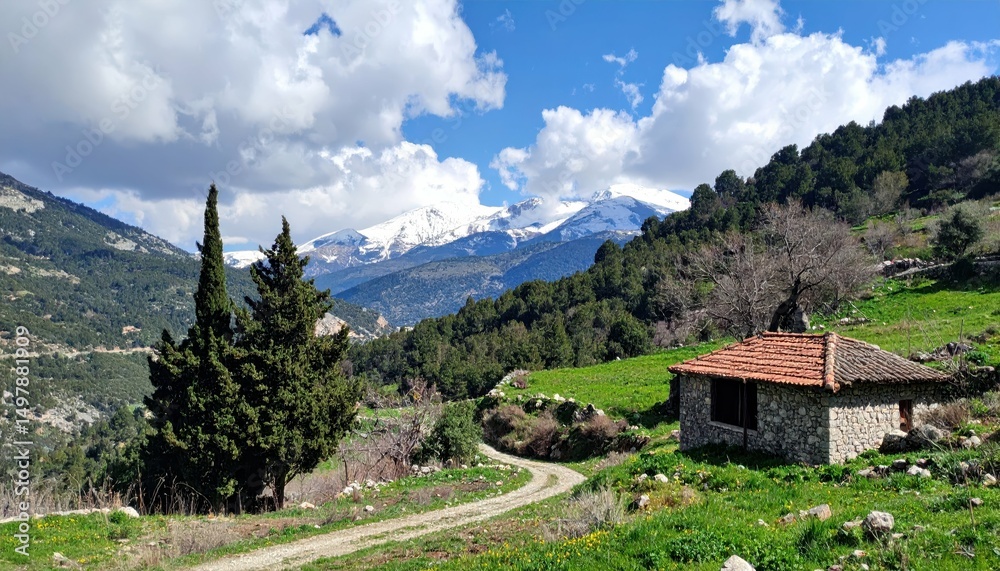 Obraz premium Scenic Mountain Village with Stone Farmhouse in Lebanese Landscape
