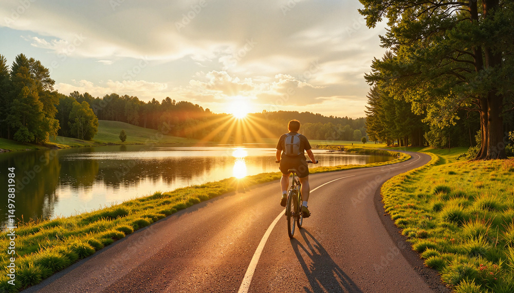 Obraz premium Biker riding along serene lakeside path during sunset in nature