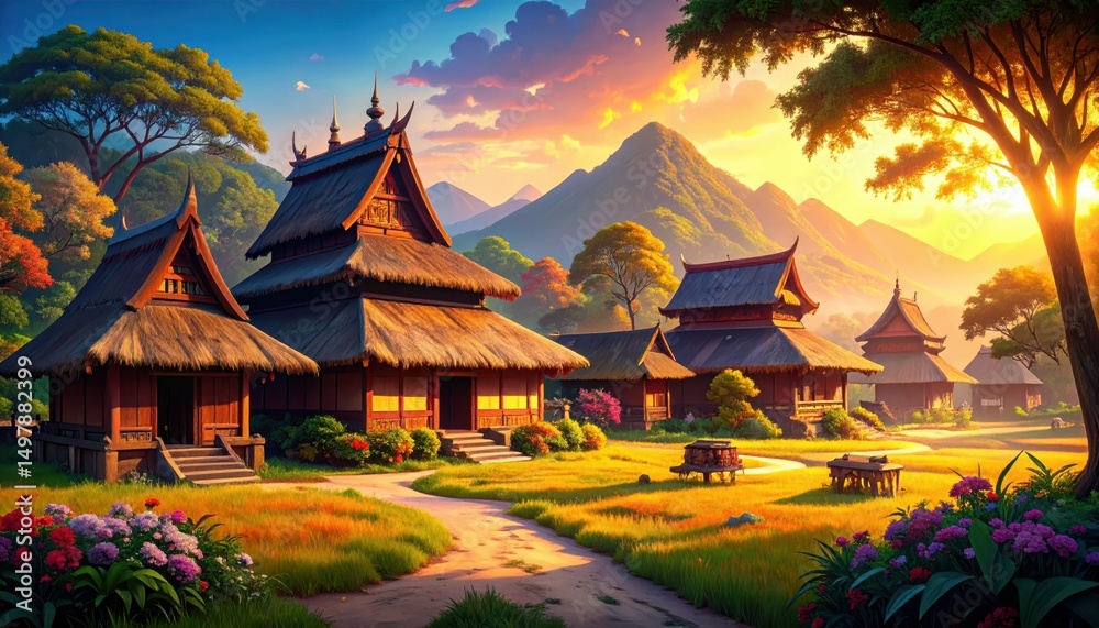 Fototapeta premium Traditional Farmhouse Complex Amidst Lush Artistic Landscape