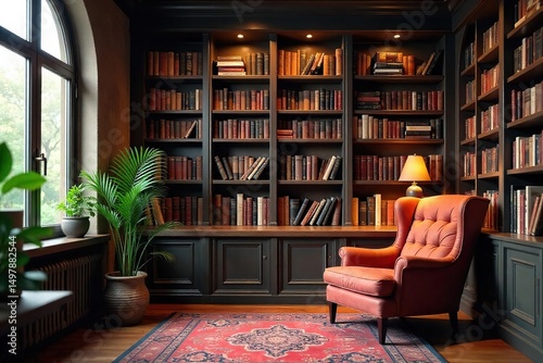 Cozy reading nook with overflowing bookshelves, warm lighting, and a comfy armchair perfect for escaping into a good book , carpet, tea