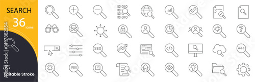 Search related icons set. Including magnifying glass, find, explore, zoom, filter, analytics, data, investigation, research, and results. Editable stroke. outline icons.