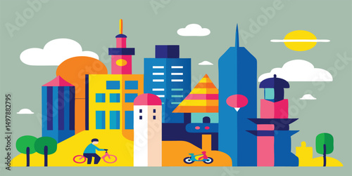 Vibrant Cityscape A Colorful Illustration of Urban Life and Cycling