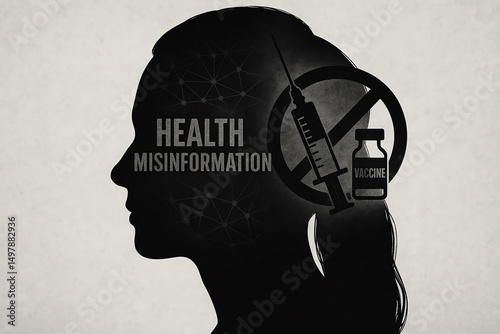 A silhouette of a woman's head against a textured background, symbolizing health misinformation with images of a syringe and a vial, representing vaccine hesitancy and misinformati